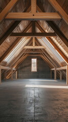 Frontal view of a modern attic with empty walls