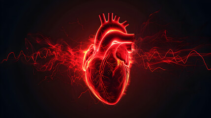 Abstract human heart shape with red cardio pulse line. Creative stylized red heart cardiogram with human heart on black background. Health, cardiology, cardiovascular diseases concept - Powered by Adobe