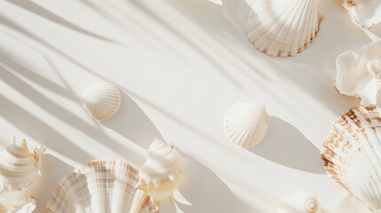Aesthetic top view of white seashells on light background. Sun rays and shadows, minimalist sea...