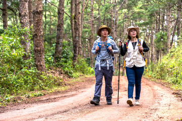 Asian hiker man and woman with hiking stick trekking in national forest trail