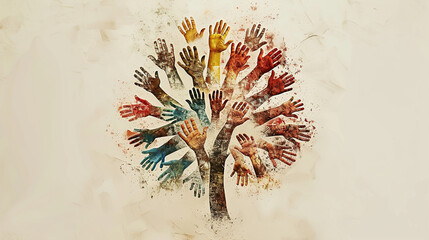 Business culture concept of Diversity, inclusion, equality, honesty, belonging, shown by different color hand prints of different people on tree trunk  - obrazy, fototapety, plakaty