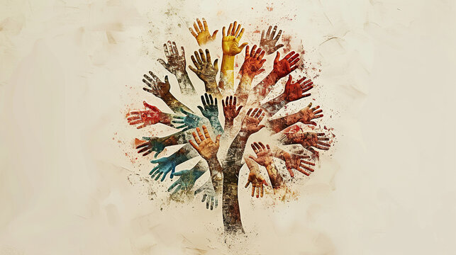 Business culture concept of Diversity, inclusion, equality, honesty, belonging, shown by different color hand prints of different people on tree trunk 