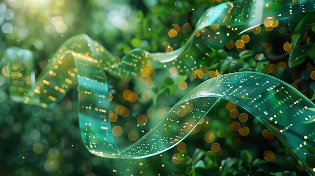 Surreal stock market ticker tape winding through a clean, fantasy forest, 3D-rendered, close-up,