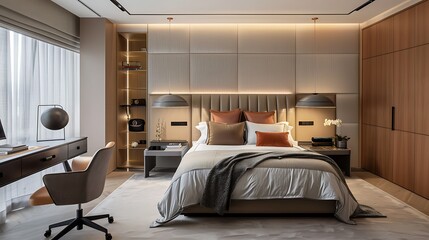 Modern style large bedroom featuring a wall-mounted upholstered headboard and a study area furnished with a sleek desk and ergonomic chair
