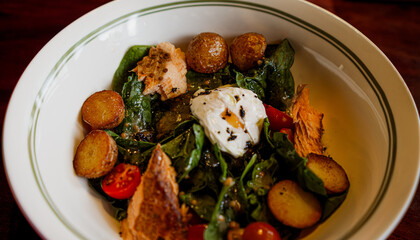 A savory salad with smoked salmon, potatoes, cherry tomatoes, spinach, and a poached egg served in a white bowl.
