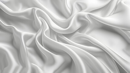 Abstract white luxurious wavy fabric satin silk background. Beautiful background luxury cloth with drapery and wavy folds of ivory color creased smooth silk satin material texture