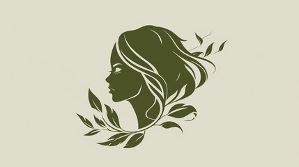 green silhouette logo of a girl with leaf art isolated on blue background, hairstyle, haircolor, fashion model, cards, banners, posters with copy space for text 	