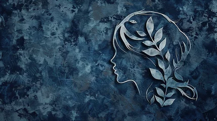 Fotobehang logo of a girl with leaf art isolated on blue background, hairstyle, haircolor, fashion model, cards, banners, posters with copy space for text   © Mahnoor