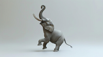 happy elephant with trunk up in air, on neutral white background 