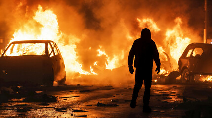 Street riot - night of turmoil. Solitary figure silhouetted against backdrop of blazing vehicles. Powerful display of fire and darkness, conflict, unrest, and human condition amidst chaos.