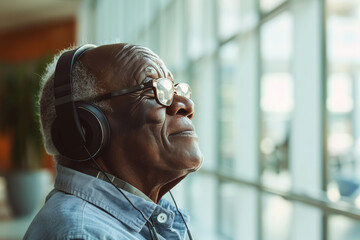 An elderly smiling African American man is listening to a pleasant melody with headphones. The concept of a positive lifestyle. - obrazy, fototapety, plakaty