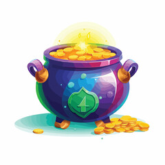 Cauldron with coin and rainbow flat vector illustration