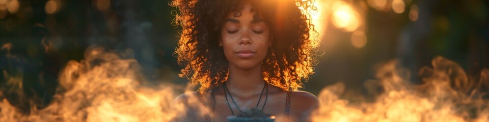 Panoramic header with serene african american young woman meditating at sunset: tranquil young woman meditates with closed eyes, surrounded by a golden sunset glow - obrazy, fototapety, plakaty