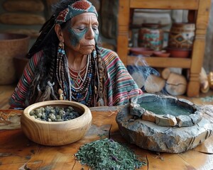 Indigenous elder performing sacred smoking ceremony: respected elder carries out a traditional smoking ritual with herbal medicines - obrazy, fototapety, plakaty