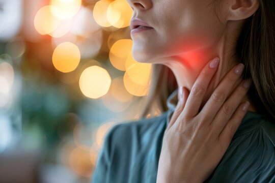 Flame at the neck of a woman. Concept of sore throat, pharyngitis, laryngitis, thyroiditis, choking.