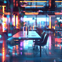 Naklejka premium Modern Neon Cyberpunk Open Space Office Interior Partially Blurry Generative AI 
