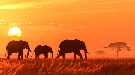 African elephants at sunset in the savanna