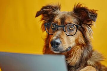 dog wearing glasses is looking at a laptop computer. dog appears to be curious or interested in the laptop. A dog with glasses and a surprised look is looking at a laptop on solid yellow background