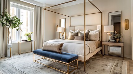 Modern style large bedroom with a canopy bed and a dressing area complete with a full-length mirror and a velvet-upholstered bench with gold metal legs