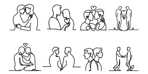 Love two men one continuous line simple minimalist design for gay couples, vector set of drawings on transparent background for lgbt community.