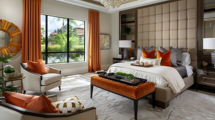 Modern style large bedroom with a wall-mounted upholstered headboard and a seating area with a pair of accent chairs and a coffee table with a decorative tray