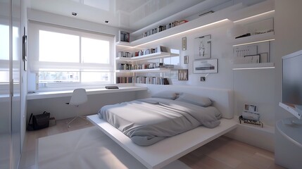 Modern style large bedroom with a floating platform bed and a study area furnished with a built-in desk and wall-mounted shelves for books and decor