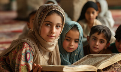A dedicated educator guides young learners through Quranic studies within the serene ambiance of a mosque