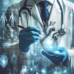 Medicine doctor or cardiologist diagnosing and examining a patient's virtual heart - obrazy, fototapety, plakaty