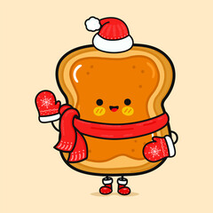 Funny smiling happy Toast piece of bread with peanut butter christmas. Vector flat cartoon character illustration icon design. Isolated on brown background