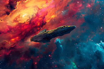 Spaceship colorful rattan nebula far away  - obrazy, fototapety, plakaty