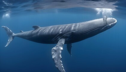 A Blue Whale Swimming Past A Group Of Scuba Divers