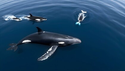 A Blue Whale Swimming Past A Pod Of Orcas Showing