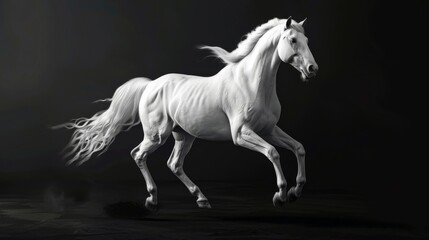 Obraz na płótnie Canvas A graceful white horse strong clearly muscular on a black abstract background.