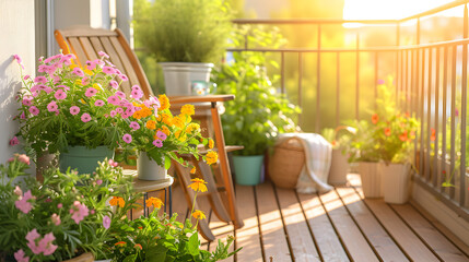Beautiful balcony with two chair and green potted flowers plants. Cozy relaxing area at home. Sunny stylish balcony in the city