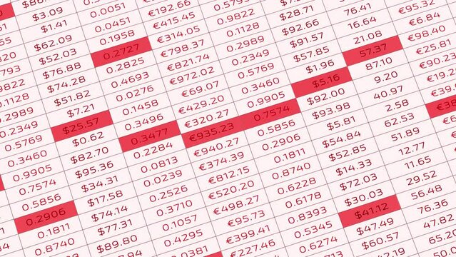 Red coloured financial data spreadsheet animation background.
