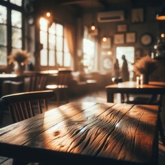 Empty wooden surface placed in foreground of cafe environment
