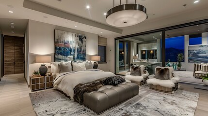 Modern style large bedroom with a statement pendant light fixture and a seating area with a loveseat and a pair of accent chairs with faux fur throws