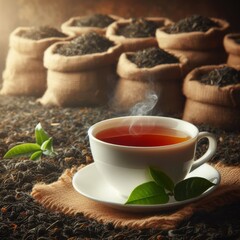 Cup of tea sitting in a sea of tea leaves, with sacks of tea behind
