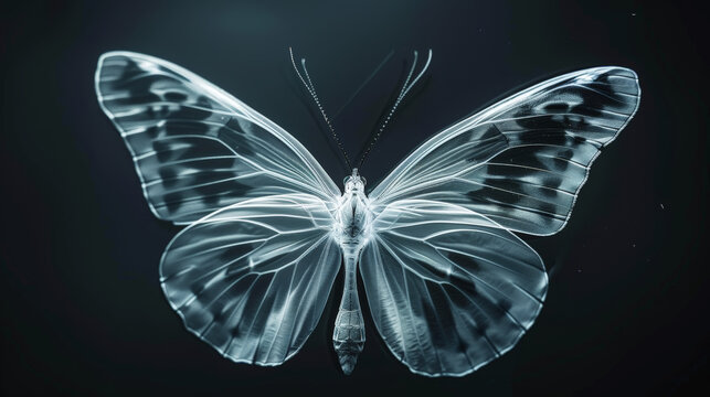 X-ray image of a butterfly on a black background. Anatomy of insects. Aesthetic nature concept. Generative AI