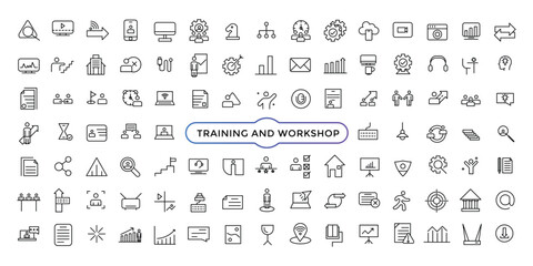 Naklejka na ściany i meble Training and Workshop line icons collection. Big UI icon set. Thin outline icons pack. V vector illustration.