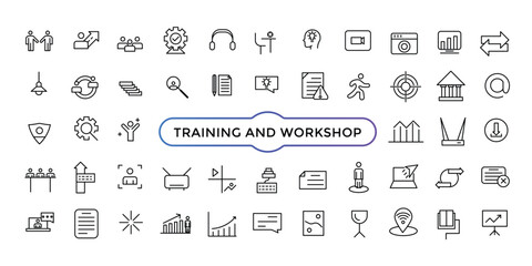 Training and Workshop line icons collection. Big UI icon set. Thin outline icons pack. V vector illustration.
