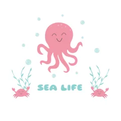 Fototapete Meeresleben Smiling octopus, crabs, algae, bulbs, sea life. Children's theme. Colored flat vector illustration in kawaii style, eps 10.