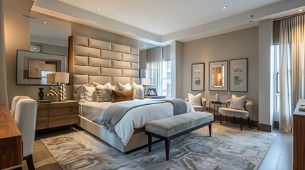 Modern style large bedroom featuring a wall-to-wall upholstered headboard and a makeup vanity with a Hollywood-style mirror