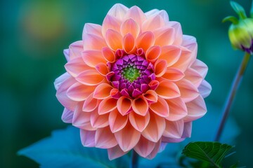 Vibrant Pink and Orange Dahlia Flower in Full Bloom with Soft Focus Green Background