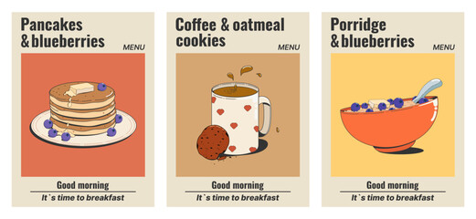 A set of menu covers, posters with a healthy breakfast: pancakes with blueberries, coffee with oatmeal cookies, porridge or oatmeal. Vector illustration in retro style of the 50s, 60s-70s.