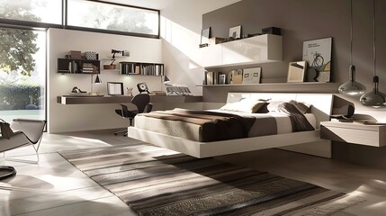 Modern style large bedroom with a floating platform bed and a study area furnished with a built-in desk and wall-mounted shelves