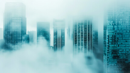 Misty cityscape with modern skyscrapers
