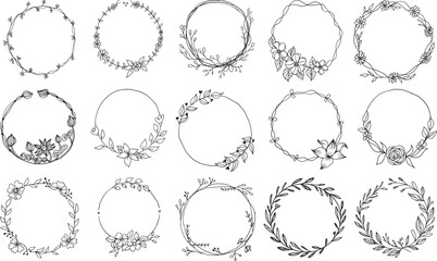 Explore our set of hand-drawn floral frames, adorned with graceful leaves. Versatile decorative elements for design projects. Vector illustrations brimming with organic charm