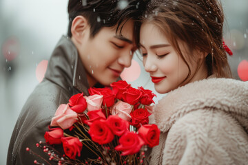 Beautiful Korean couple hugging outside under snowfall.