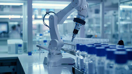 Automated robotic arm pipetting samples in a sterile biotechnology lab. 8K